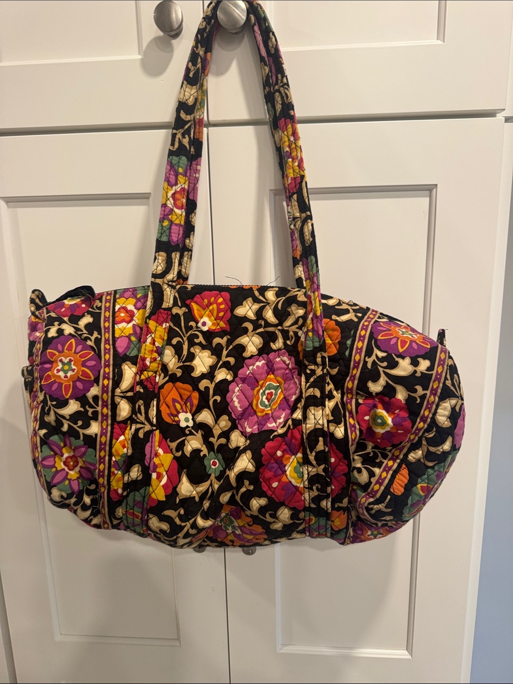 Vera Bradley Quilted Floral Duffel in Black with Pink and Orange Accents